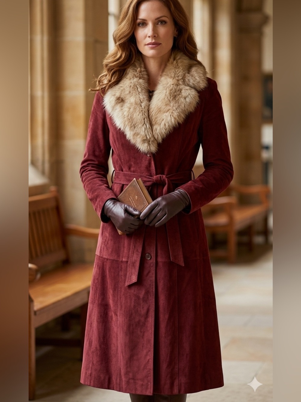 Vintage 80s Deerskin Trading Post Maroon Suede Coat Lamb Fur Collar Belted 16